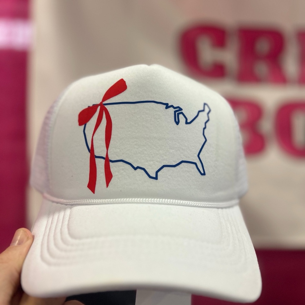 White Cap with USA Outline and Red Bow